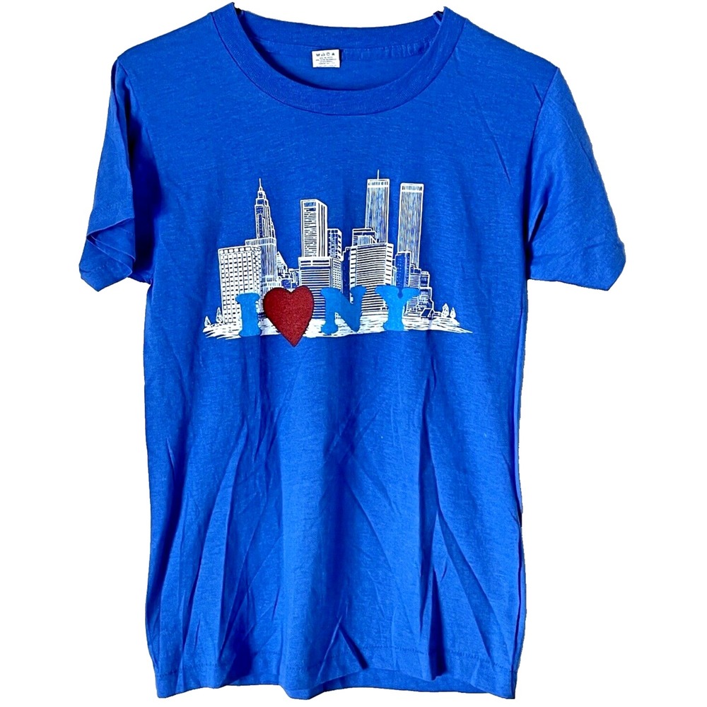 Vintage 80s Screen Stars I Love NY Twin Towers Blue Graphic T-Shirt Mens XS S